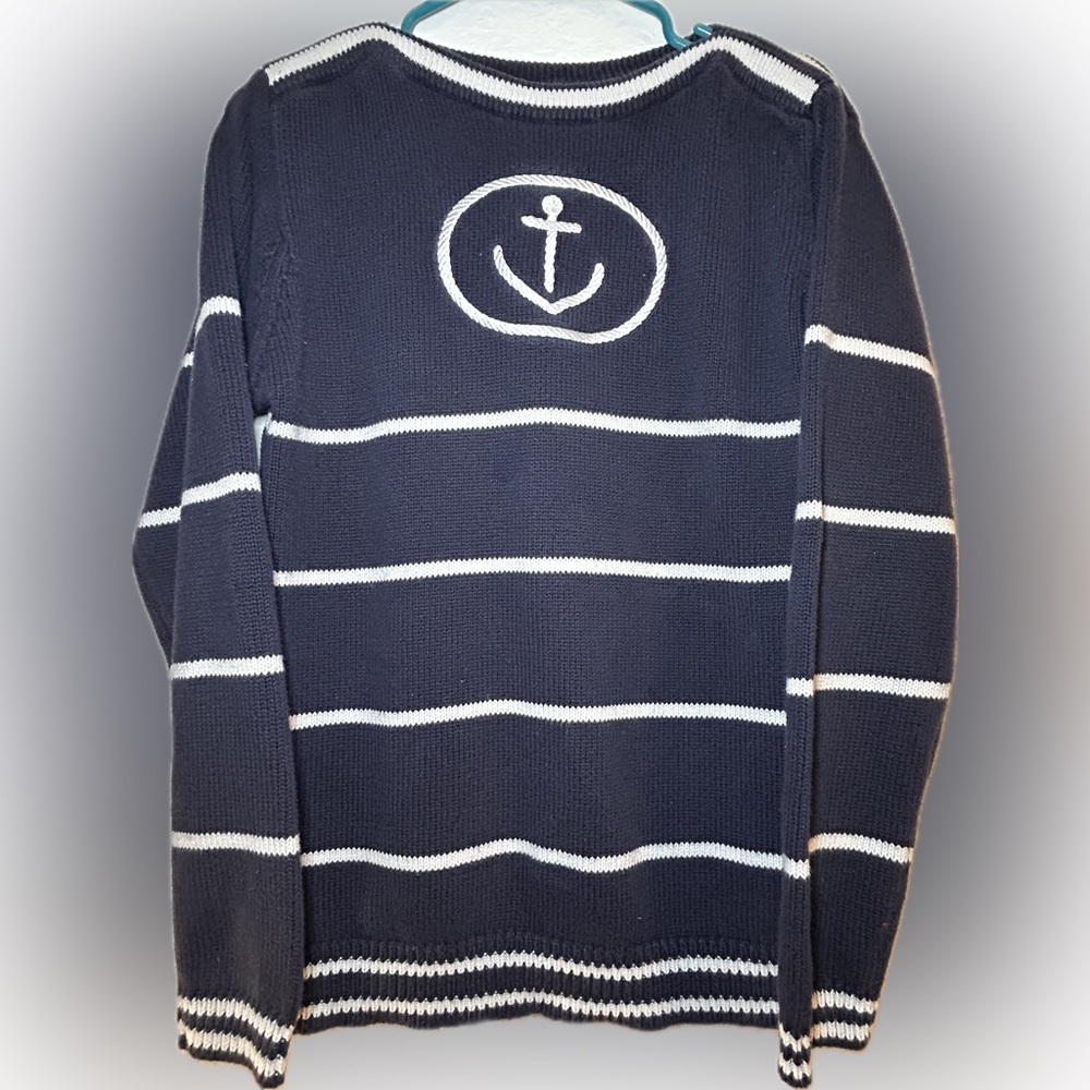 Jason Maxwell Vintage Nautical Sweater Heavy Cotton Anchor Striped Blue J4-0015